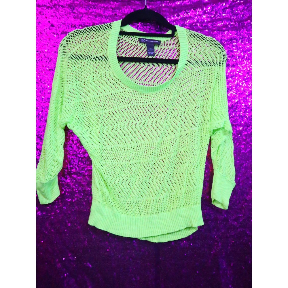 Neon Lime Green Open Knit Sweater XS INC International Concepts Womens Pointelle